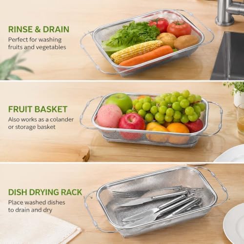 Adjustable Over‐the‐Sink Colander Basket, Expandable Stainless Steel