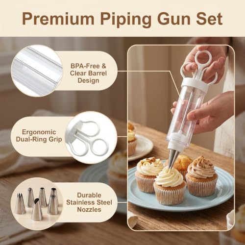 Cupcake Icing Piping Syringe, Cake Decorating Kit with 6 Stainless