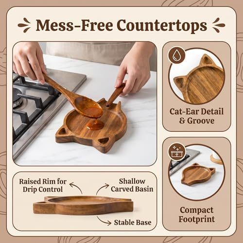 Cat-Shaped Spoon Rest, Acacia wood spoon holder, Heat-Resistant