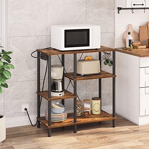 HOOBRO Bakers Rack with Power Outlet, Rustic Brown and Black