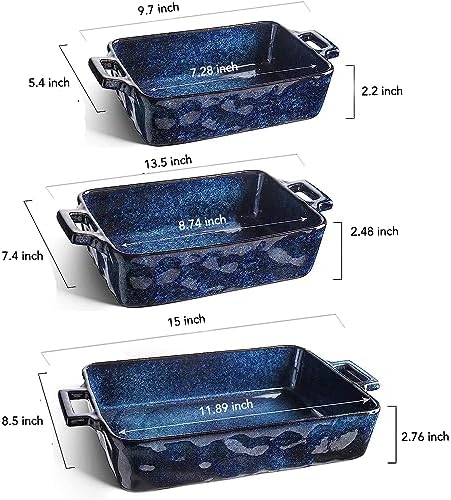 VICRAYS Ceramic Rectangular Bakeware Set, 3 PCS, Blue
