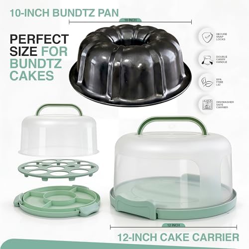 10in Buntz Cake Pan Non Stick & 12in Cake Carrier w/Lid-Handle,Mint