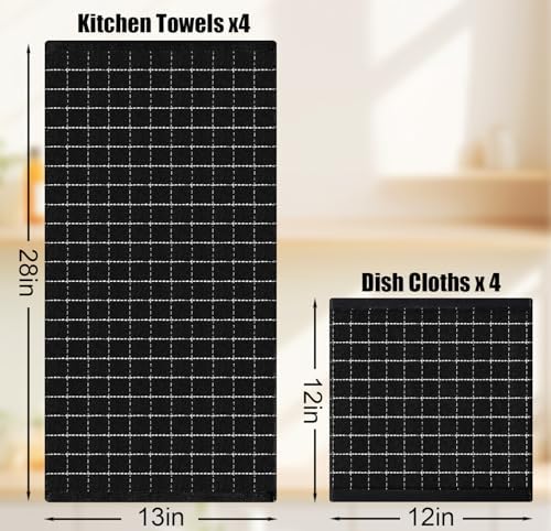 Homaxy Cotton Terry Kitchen Towels and Dishcloths Set of 8, Black