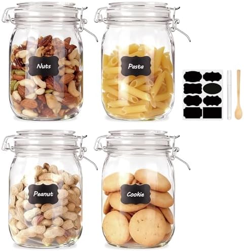 Flrolove 32oz Set of 4 Glass Kitchen Storage Canister Mason Jars with