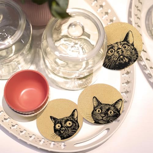 Coasters for Drinks with Holder Set of 6, Curious Cat Cork Coaster