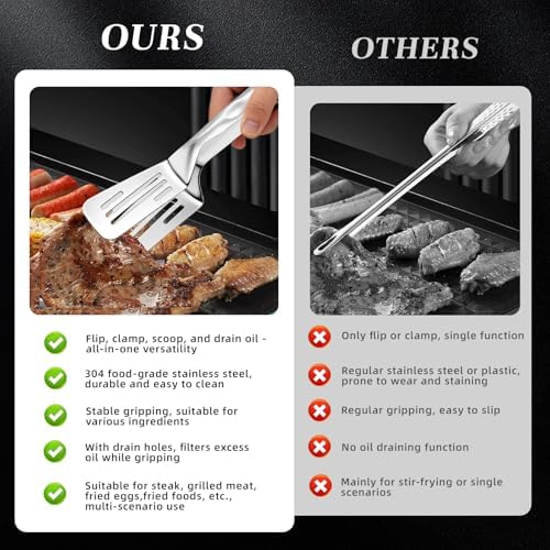 Durable 304 Stainless Steel Spatula Tongs, Rust-Proof 2-in-1 Cooking