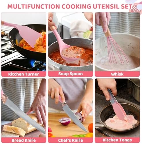 Kitchen Utensils and Knife Set, 37 Piece, Pink