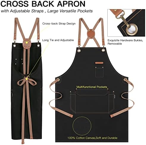 Genixart Chef Apron Men Women, Kitchen Aprons Cooking, BBQ - Black