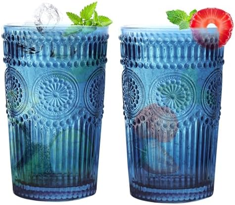 Loivttvv 6pcs Vintage Drinking Glasses Set, 12 oz Blue Highball