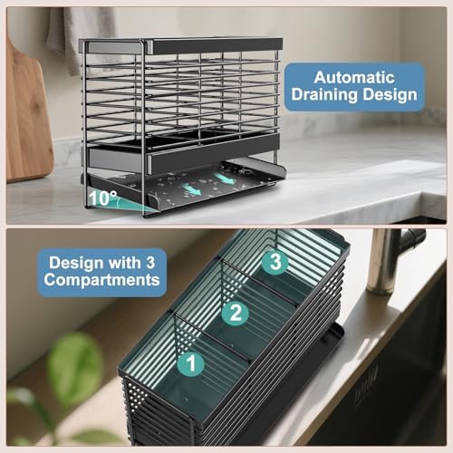 Utensil Holder, Drying Rack with Automatic Drain Tray for Kitchen