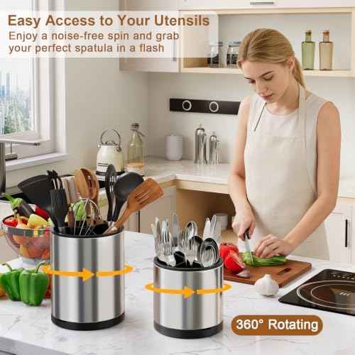 Extra Large Utensil Holder for Kitchen Counter,360°Rotating Stainless Steel