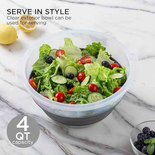 COOK WITH COLOR Collapsible Salad Spinner - 4 QT Space Saving Lettuce Dryer with Folding Collapsible Colander Great for Washing and Drying Fruit and Vegetables (Grey)