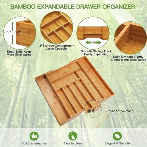 Bamboo Kitchen Drawer Organizer: Expandable Tray, Adjustable Cutlery