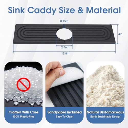 Fast Drying Stone Faucet Mat for Kitchen Sink with Raised Feet, Quick