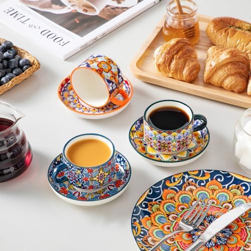 vancasso 4 Oz Bohemian Espresso Cup Set of 4, Ceramic with Saucers