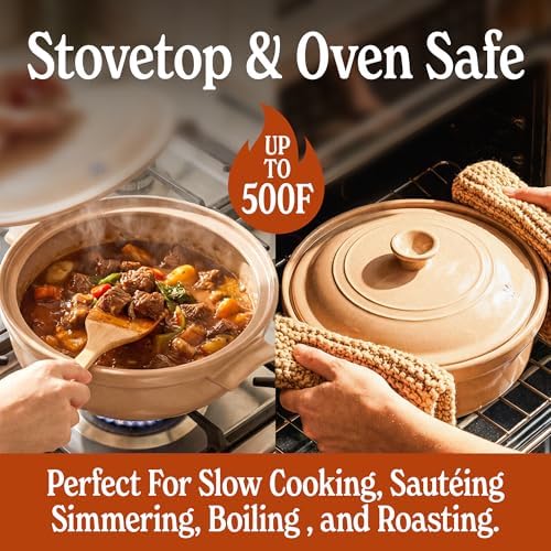 Magnifique 5 Quart Flami Pot with Lid, Natural Clay Pot for Cooking