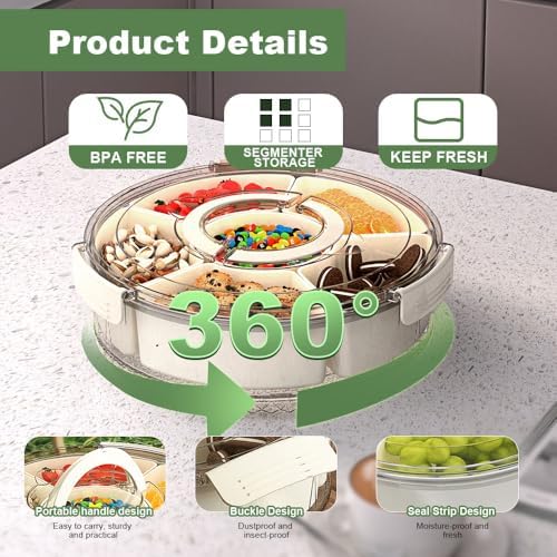 Divided Serving Tray with Lid and Handle, Portable Snackle Box for