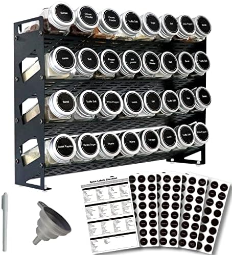 4 Tier Spice Rack Organizer with 32 Square Spice Jars and 160 Spice