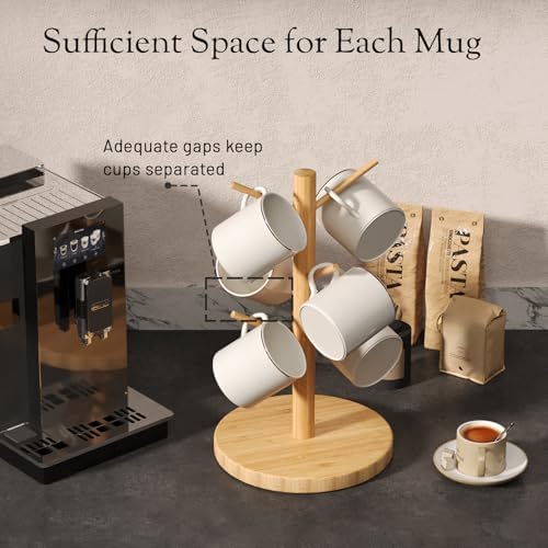 Bamboo Mug Holder Tree, Countertop 6-Hooks, Storage Tray, Natural