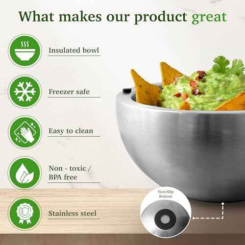 Aranka Dip Chiller Bowl with Lid, Stainless Steel 35 oz Double-Walled Insulated Serving Bowl for Keeping Food Hot or Cold, Perfect for Guacamole, Ice Cream, Salad & Soups