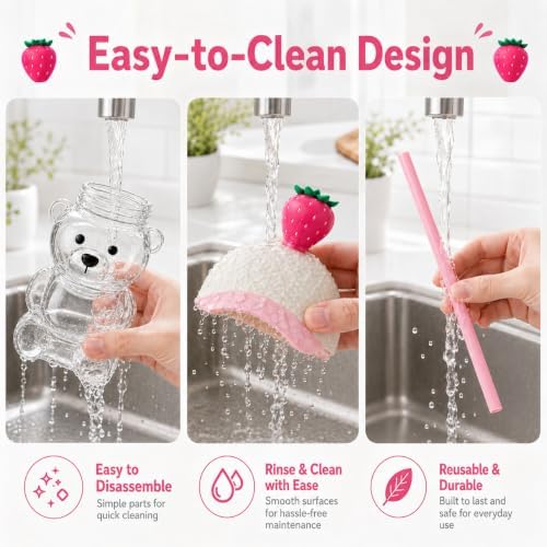 Glass Bear Cup with Straw & Lid, 20oz for Coffee & Shakes