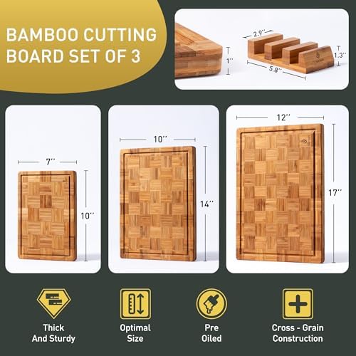 3 Pack Heavy Duty Bamboo Cutting Board Set Non Toxic Wooden Cutting