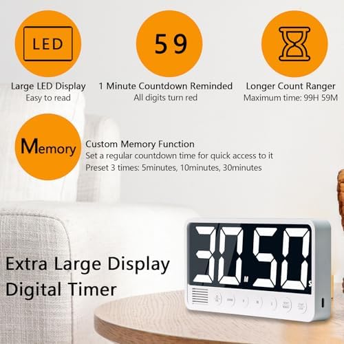 Digital Kitchen Timer with Extra Large Display, White