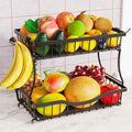 Large 2 Tier Fruit Basket for Kitchen Counter with 2 Banana Hangers, Black