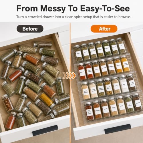 Clear Spice Drawer Organizer, 4 Tier- 8 Packs, Expandable From 11" to