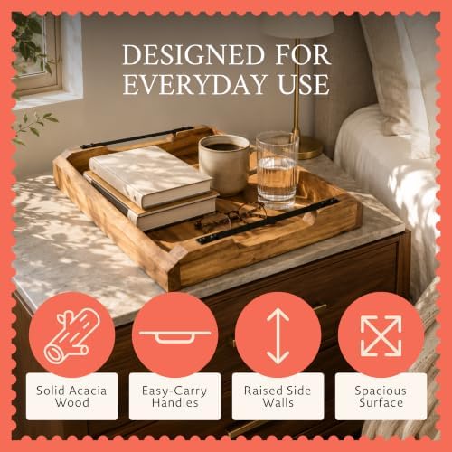 Mela Artisans Acacia Serving Tray - Metal Handles, 16x13 in