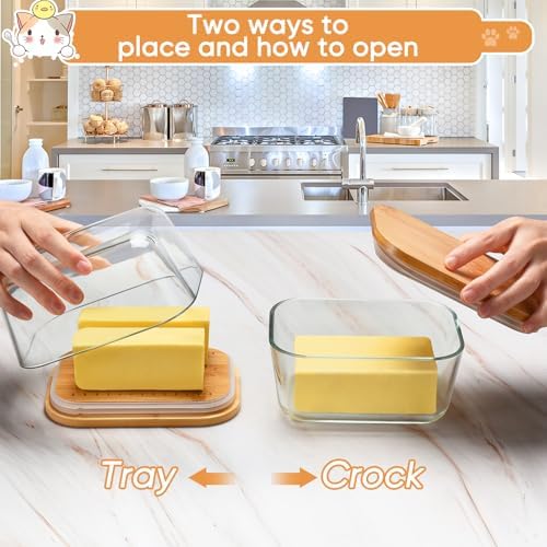 HEKEIEON Glass Butter Dish With Bamboo Sealed Lid - Large Tray for