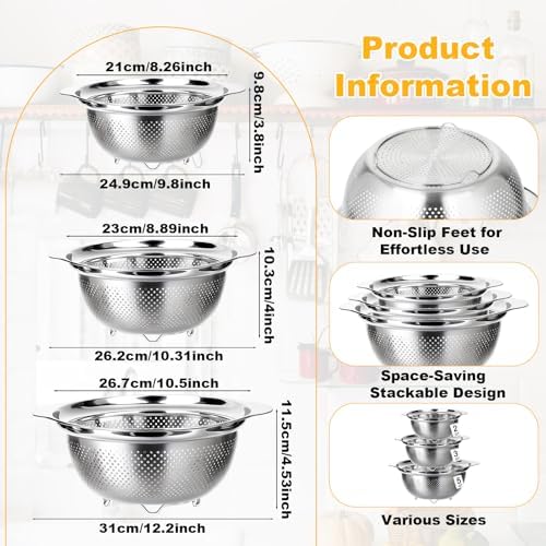 3 Pcs Stainless Steel Colander Set for Kitchen, Metal Food Pasta
