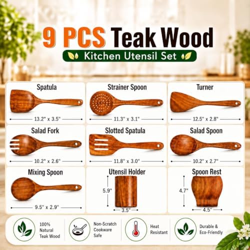 9-Piece Teak Wooden Utensil Set, Dark Brown
