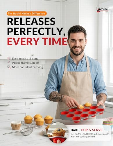 Boxiki Kitchen Non-Stick 12 Cup Silicone Muffin Pan with Steel Frame