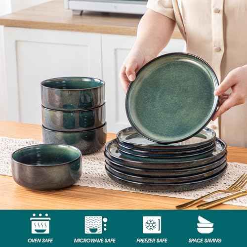 vancasso Starry 12 Pieces Dinnerware Sets for 4, Green Reactive Glaze