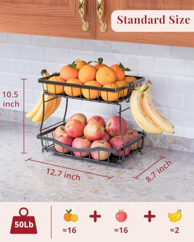 2-Tier Fruit Basket for Kitchen Counter with 2 Removable Banana Holders