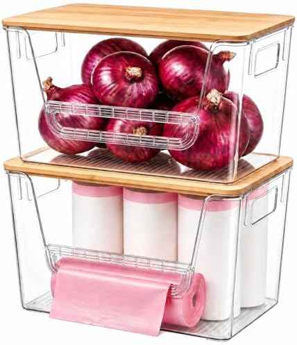 2 Pack Pantry Organizer and Storage with Bamboo Lid, Stackable Trash