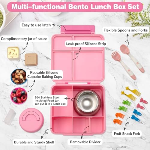 Bento Lunch Box with 9.5 oz Soup Thermo, Kids Leakproof 4 Compartments