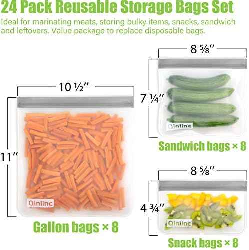 Qinline Reusable Food Storage Bags - 24 Pack Freezer Bag, Reusable