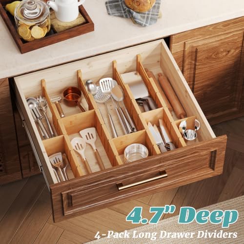 Deep Drawer Dividers 17.7-22.8IN, Bamboo Drawer Dividers 4 Pack