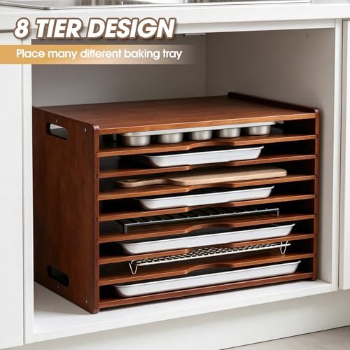8-Tier Baking Sheet Organizer for Cabinet, 17 x 12 x 14 in Wooden Tray Divider Rack, Bamboo Cutting Board, Pan, Tray and Cookie Sheet Organizer for Kitchen Storage