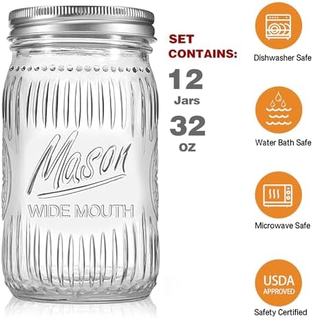 12 Pack 32 oz Wide Mouth Mason Jars - Heavy Duty Glass Storage Jars