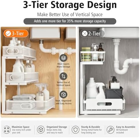 Under Sink Organizer, 3 Tier Pull Out Cabinet Organizer with 5 Adjustable Heights, Metal Under Sink Storage with Sliding Drawers for Kitchen, Bathroom, Pantry and Laundry Room, 2-Pack White