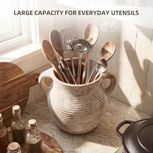 Rustic Utensil Holder for Kitchen Counter - Ceramic Farmhouse Cooking Utensil Crock & Organizer for Spatula, Spoon - Vintage Kitchen Decor (Taupe)