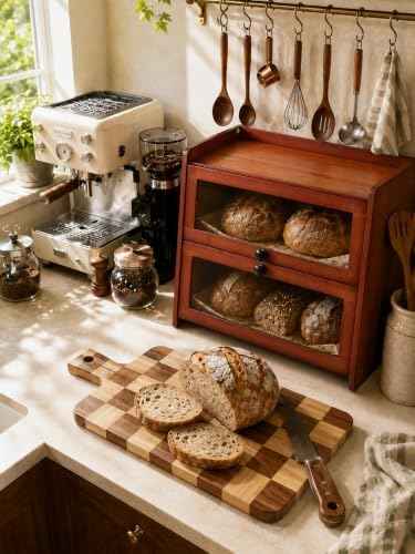 Brown Bread Box for Kitchen Countertop, 2 Tier Large Capacity Wooden Bread Storage Container, Farmhouse Bread Keeper for Bread, Bagels, Pantry Organizer