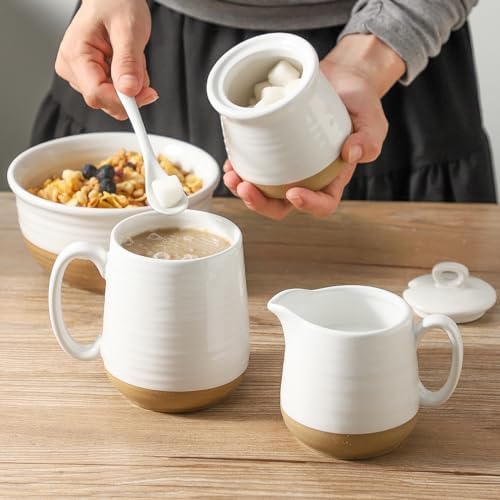 Hasense Ceramic Sugar & Creamer Set + Coffee Mugs Set, White