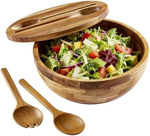 Acacia Wooden Salad Bowl with Lid, Built-in Acacia Wood Utensils