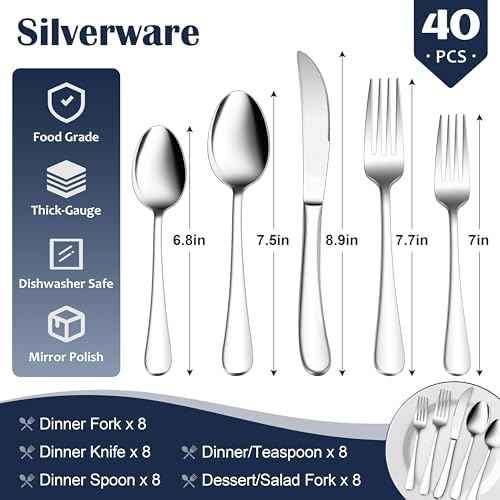 E-far Heavy Duty Silverware Set for 8, 40 Pcs Stainless Steel Flatware Set