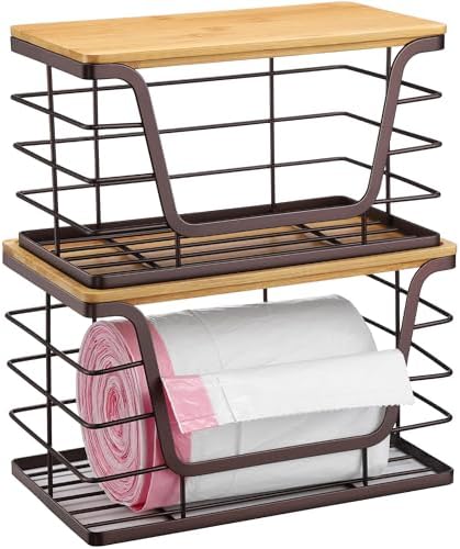 ALOCEO 2 Pack Stackable Wire Storage Basket with Bamboo Lid, Trash Bag