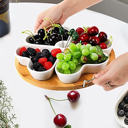ZEAYEA 11 Inch Appetizer Serving Tray with Holder, Ceramic Divided Serving Platter with Food Picks for Christmas, Relish Tray for Chips and Dip, Veggies, Candy and Snacks, Parties, White